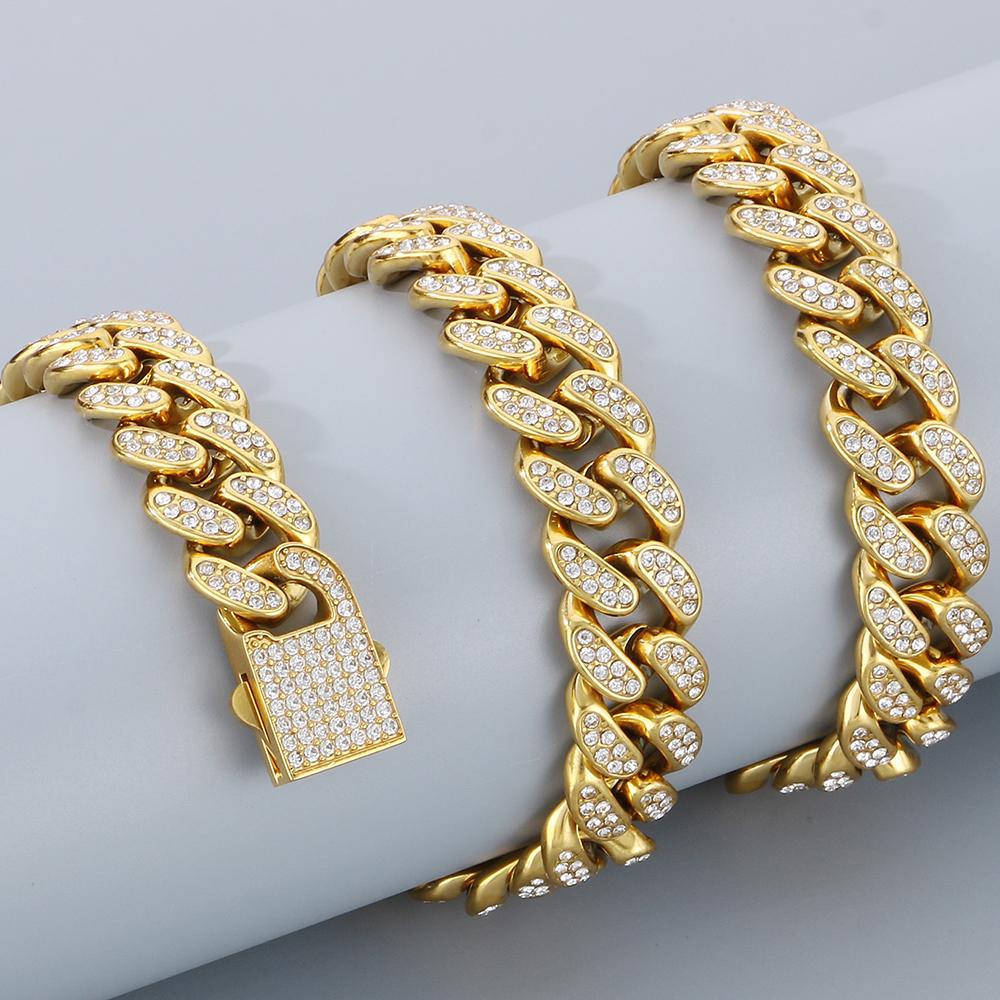 Hip-Hop Heavy Cuban Link Chain Set Man Bracelet Necklace Luxury Gold Color Stainless Steel & Full CZ Men's Necklace & Bracelets Sets