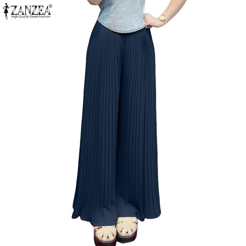 ZANZEA Womens Casual Solid Color Loose Wide Leg Pleated Pants
