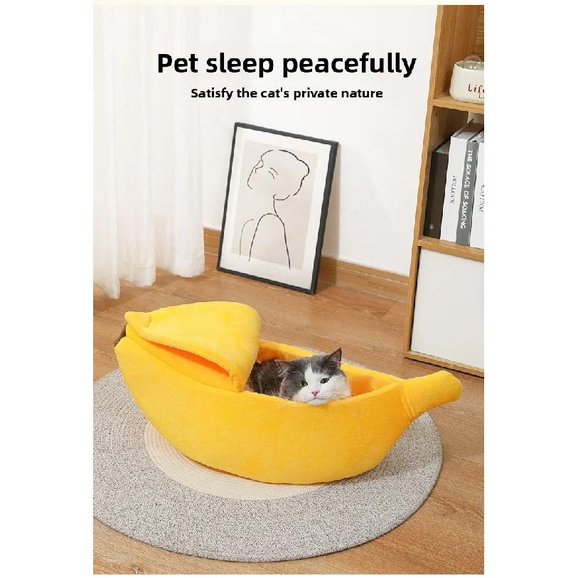 Banana Cat Bed Super Soft House Lovely Banana Boat Semi-Closed Warm Pet Bed Cat Accessories Dog Bed Banana Cushions with a Lid