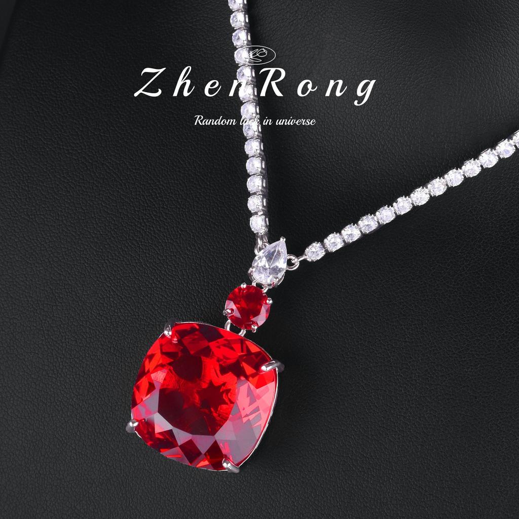 Fashion Square Red Corundum Zircon Sets Luxury Elegant Cocktail Party Three-piece Zircon Set Rings Stud Earrings Necklaces
