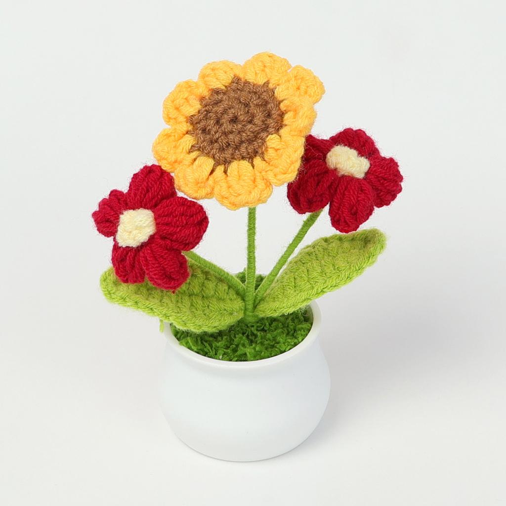 Hand-Knitted Wool Fake Flowers Set: Sunflower, Carnation, Tulip - Desktop Decor, Teacher/Student Gift, Everlasting Bouquet