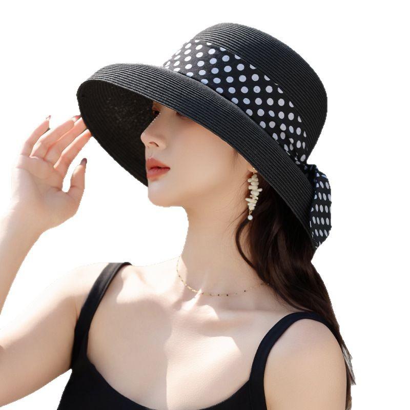 Summer new hat women's polka dot streamer sun hat Lafite straw hat travel sunscreen visor