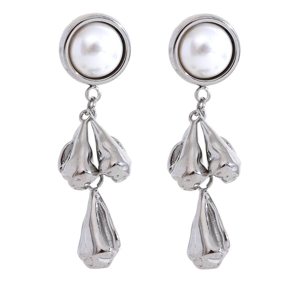 Yhpup Vintage Stainless Steel Metal Flower Drop Dangle Earrings Fashion Imitation Pearl Temperament Charm Stylish Golden Jewelry