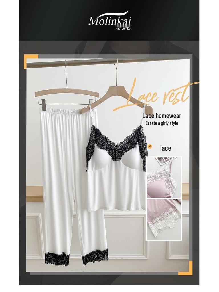 Casual Lace-Trim Pajama Set with Built-in Bra Pads