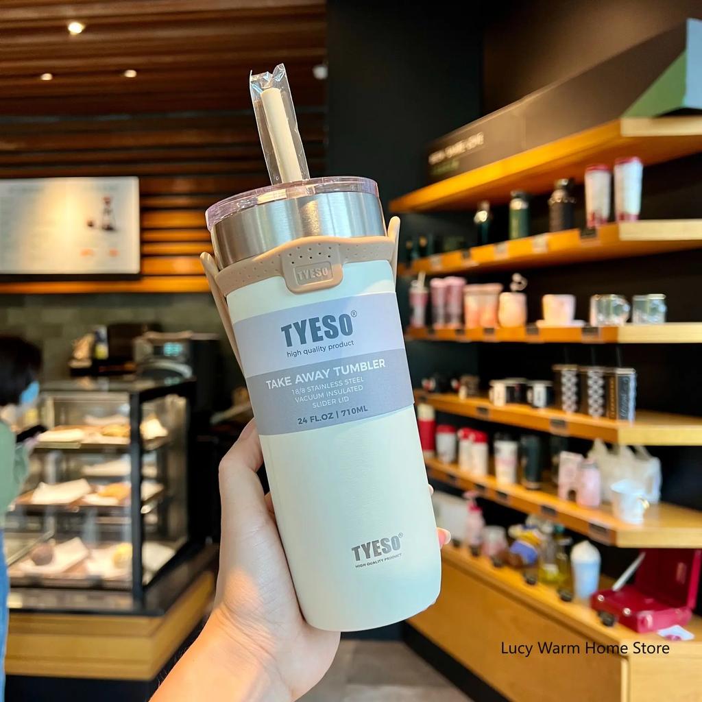 TYESO Tasse Thermo-Edelstahl-Kaffeetasse, Doppel-Thermosflasche, Isolierflasche, isolierte Reise-Auto-Bierbecher mit Strohhalm