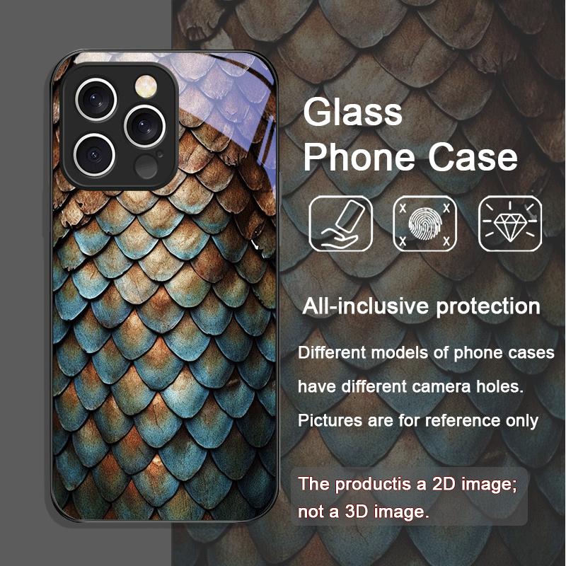 Art Black Golden Scale Texture Printed Pattern Tempered Glass Phone Case for iPhone 17 16 Pro Max 15 13 12 Mini 11 14 Plus Cover