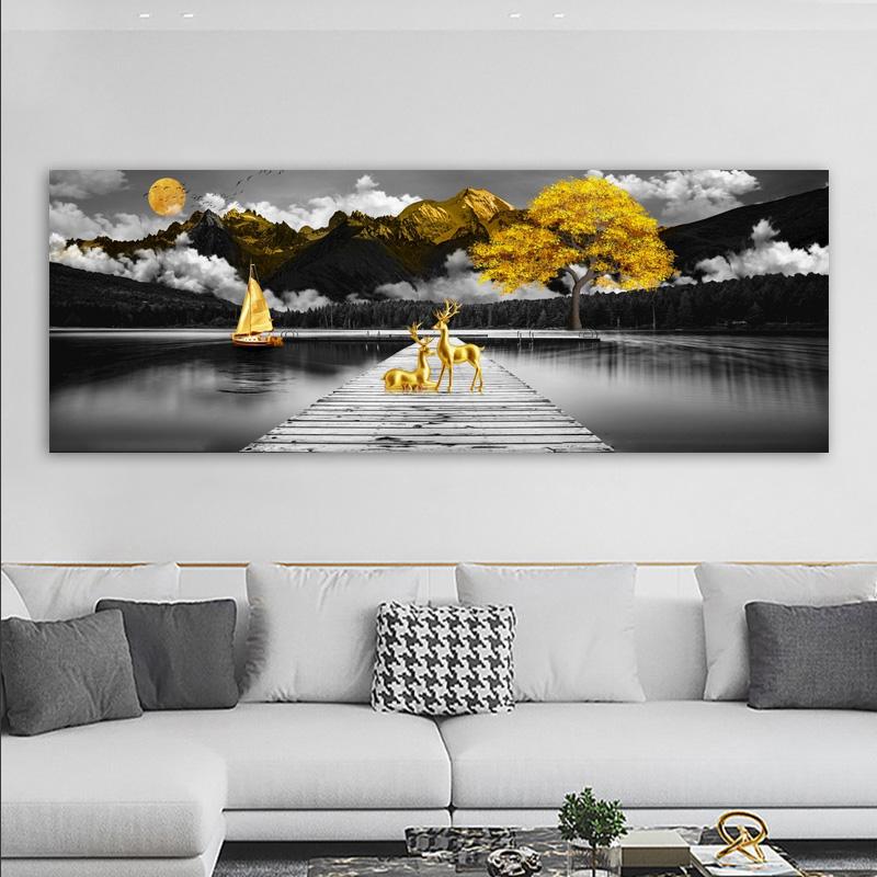 Landscape Golden Mountain Posters and Prints Canvas Painting Tree Boat Deer Cuadros Light Luxury Wall Art Living Room Home Decor