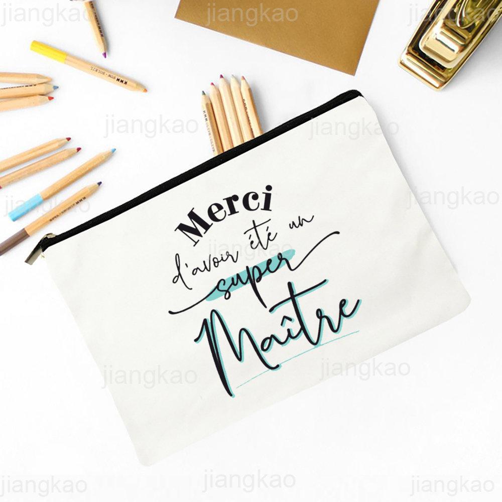 Thank Teacher Print Pencil Case Large Capacity School Stationery Supplies Storage Bags Travel Wash Organizer Gift For Teacher