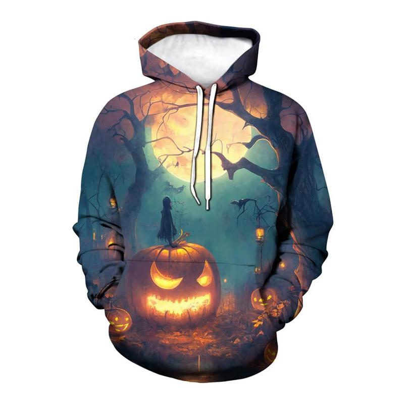 Novelty Halloween Pumpkin Graphic Hoodie Men 3D Printed Skull Sweatshirt Casual Long Sleeve Pullovers Tops Autumn Casual Hoodies