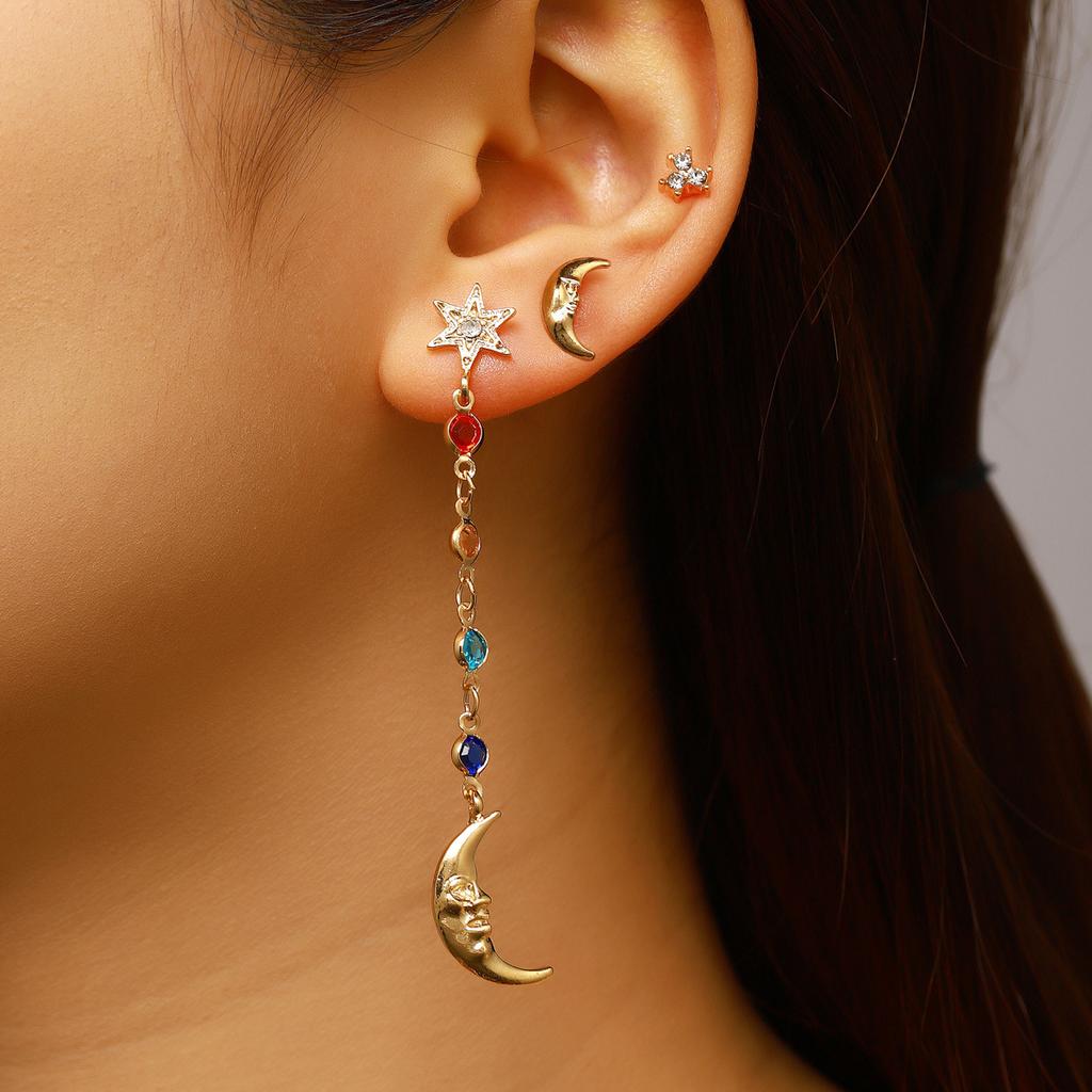 Fantasy Moon Star Colorful CZ Dangle Earrings Set Gold Tone Long Tassel Drop Stud Earrings Set for Women Face Slimming Jewelry