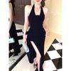 Red Three-dimensional Flower Neck Dress Women's Summer Slim Dress Long Dress Pure Waist Split Hip Skirt