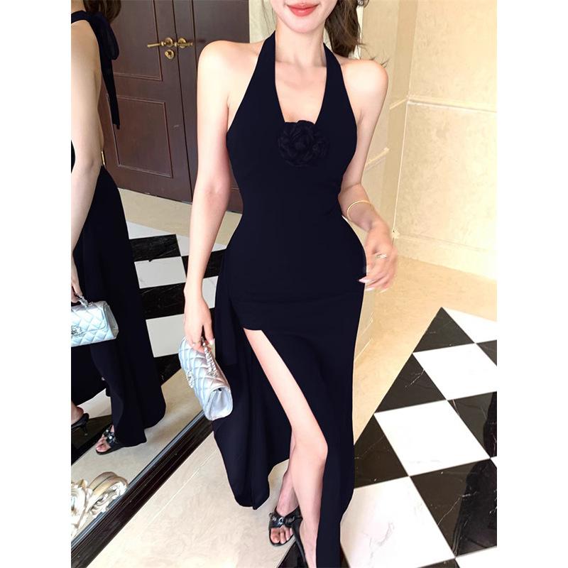 Red Three-dimensional Flower Neck Dress Women's Summer Slim Dress Long Dress Pure Waist Split Hip Skirt