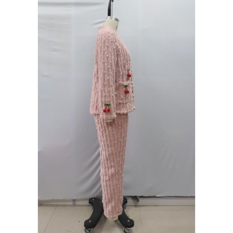 Set Pijama Călduros Căptușit cu Fleece pentru Femei Mânecă Lungă Decolteu în V Îmbrăcăminte de Noapte cu Imprimeu Cireșe Confortabil pentru Casă