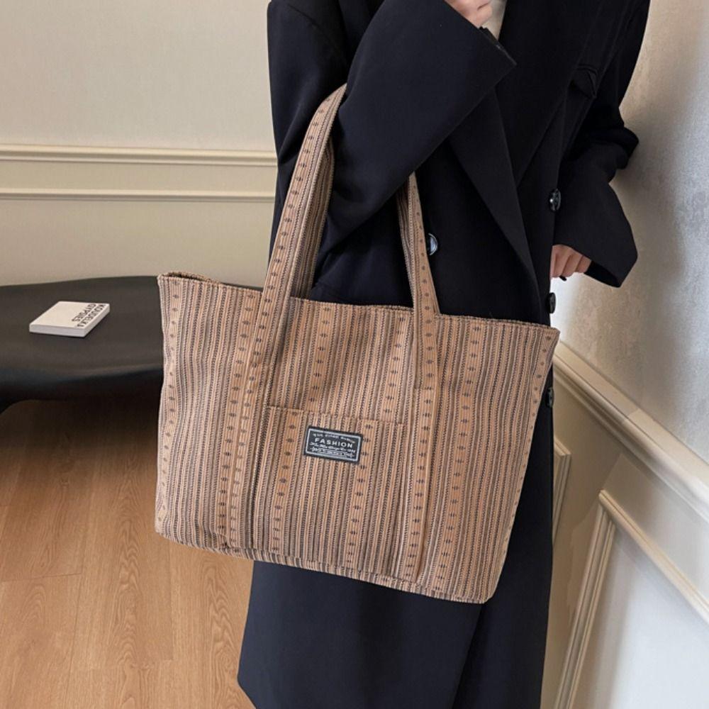 

Large Capacity Canvas Tote Bag Portable Mommy Bag Solid Color Stripe Handbag Lady білий