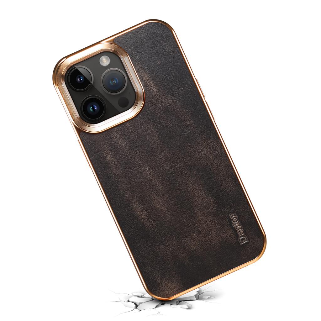 DENIOR For iPhone 16 Pro Case Waxy Texture Genuine Cow Leather Electroplating Back Cover