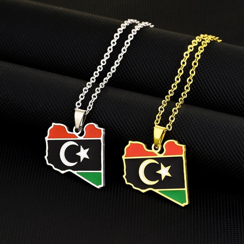Stainless Steel Libya Flag Pendant Necklace Stylish Libya Map Necklace Durable Neck Jewelry Stainless Steel Material