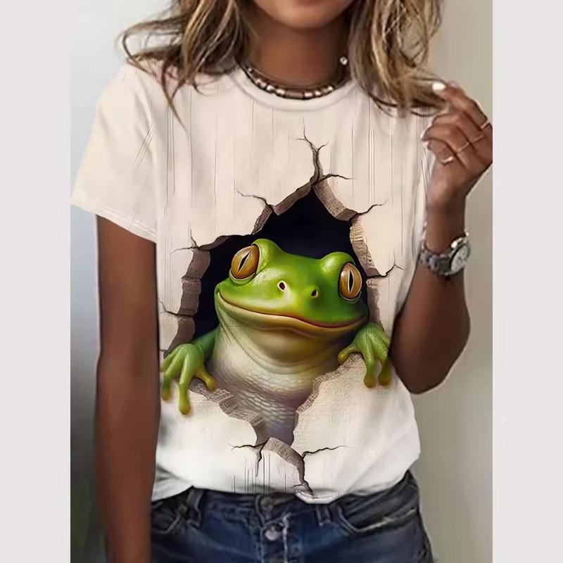Cartoon T Shirt For Women Animal Pattern Print O-Neck Top Outdoor Fashion Women's T-Shirts Pullover Female Oversized Clothing