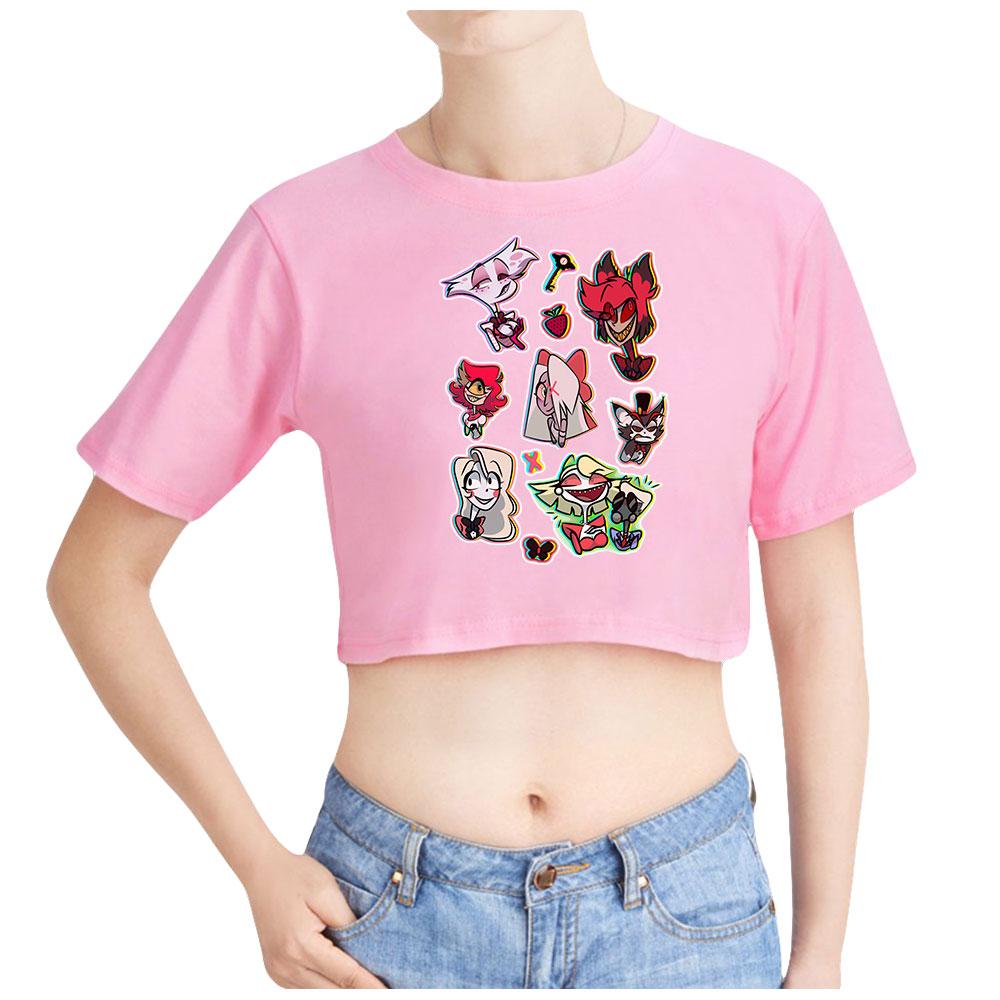 Tricou cu mânecă scurtă cu mânecă scurtă și cu gât rotund, cu imprimeu animat, elegant Hazbin Hotel, crop topuri sălbatice, casual, pentru vară