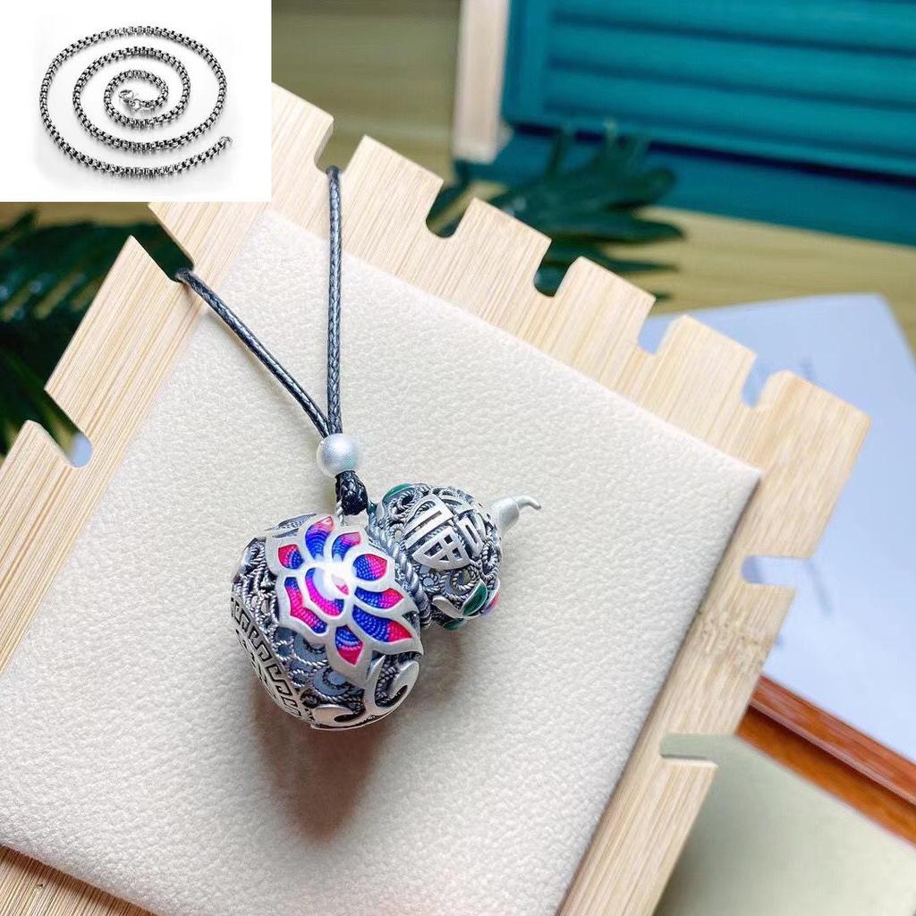 Ethnic Blue Enamel Gourd Pendant, 925 Sterling Silver Sweater Chain for Girls
