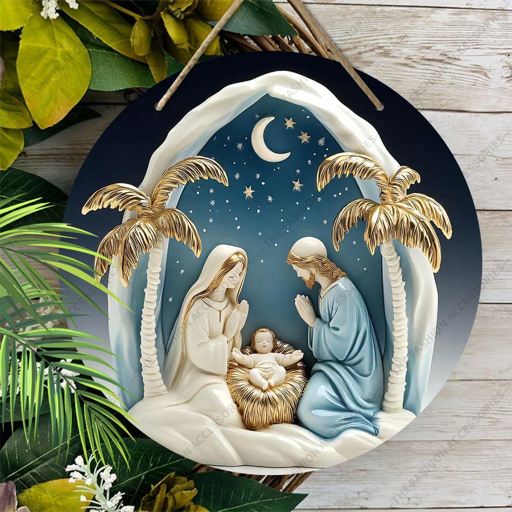 Hellig natt Krybbespill anheng, dekorasjon av hjemmevegger eller dører, 2d flatt tre, juledekorasjon, gaver til venner og familie