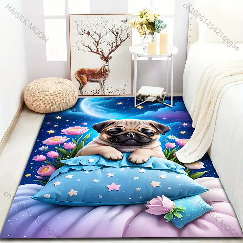 Pug Under The Stars Creative Print Carpet for Living Room Bedroom Bedside Sofa Table Floor Mat Home Area Rug Decor for Gifts