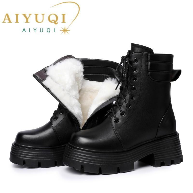 Fashion AIYUQI Women Boots Platform High Heel Genuine Leather Large Size 41 42 Ankle Boots Women Thick Wool Winter Snow Boots Ladies