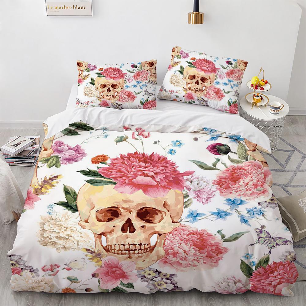 Schädel Blumen Muster Bettbezug Set Halloween Geschenk Polyester Bettwäsche Set King Queen Full Size Bettdeckenbezug mit Kissenbezug