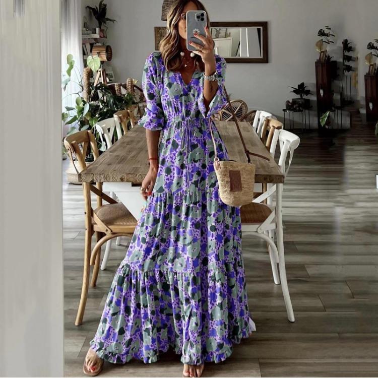 2025 New Summer Women's V-neck Printed Long Dress Elegant Vacation Swing Style