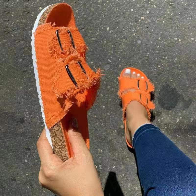 Summer new flat-bottomed slippers women's summer new large-size belt buckle one-word canvas cool slippers