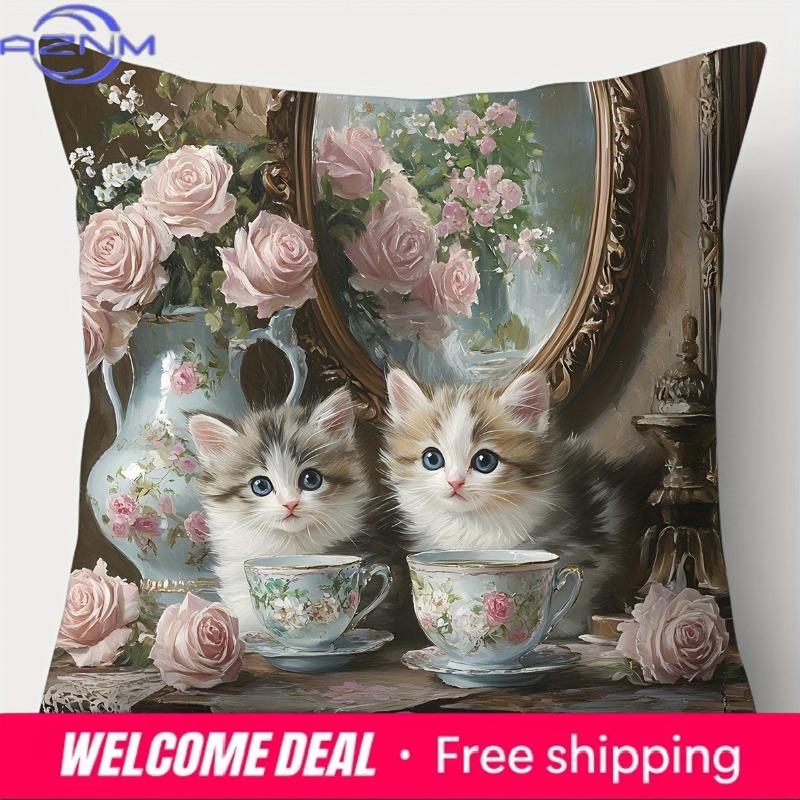 Home Decor Cute Cats And Flowers Pillow Covers Pattern Cushion Cover Suitable For Sofa Bedroom Car Pillow Cover