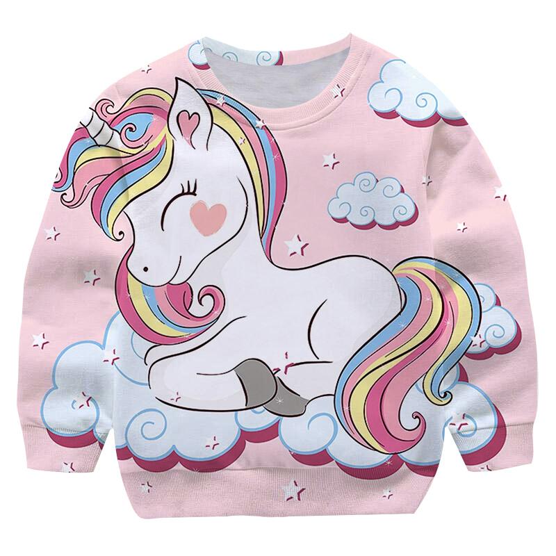 2025 New Cartoon Pink Unicorn Hoodies Girl Garden Collar Clothes Children's Fashion Hoodie Autumn Casual Bathroom Round Neck Pullover Sweater