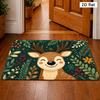 Front Door Mat Cute Smiling Fawn Printed Carpet Dark Teal Green Base Botanical Leaves Red Holly Berries for Entrance Hallway