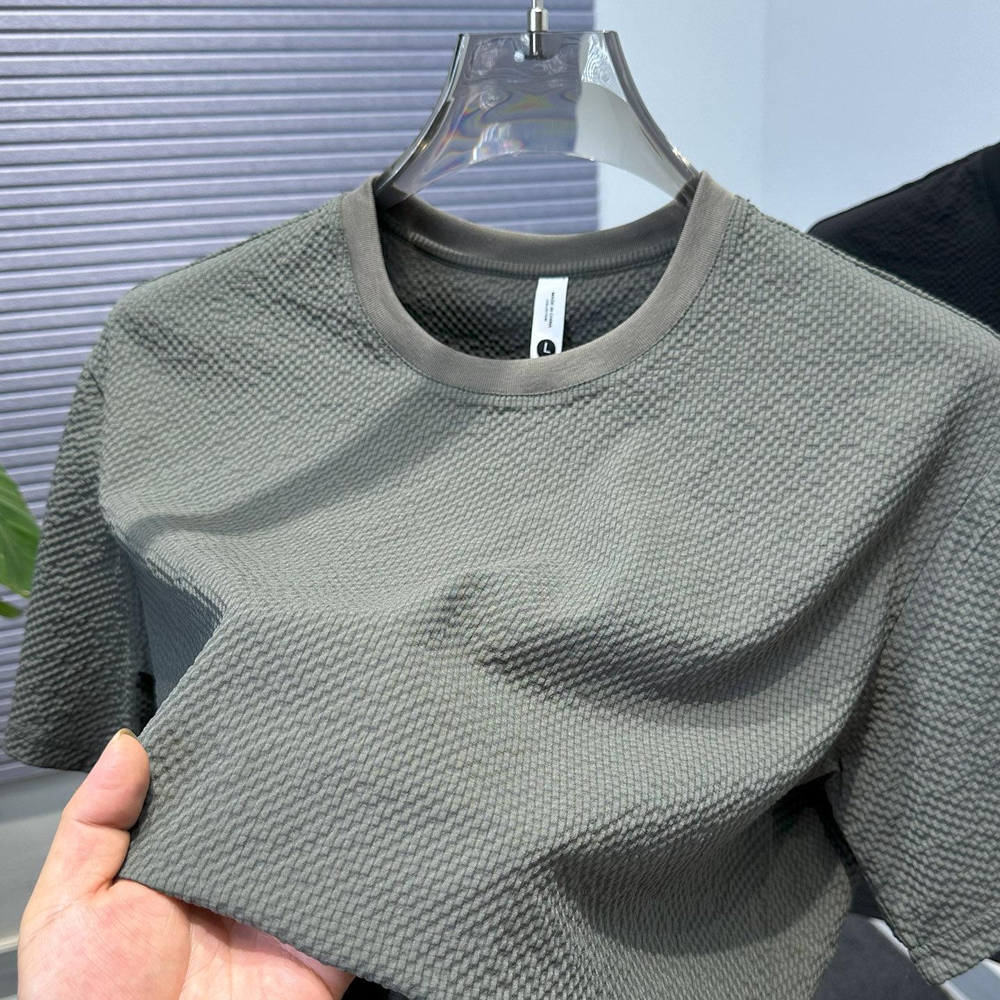 

Men s Summer Ice Silk Gauze Texture Short Sleeve T-Shirt with Split Hem M серый
