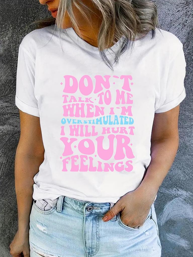 Women's Casual Slogan Print Round Neck Short Sleeve T-Shirt
