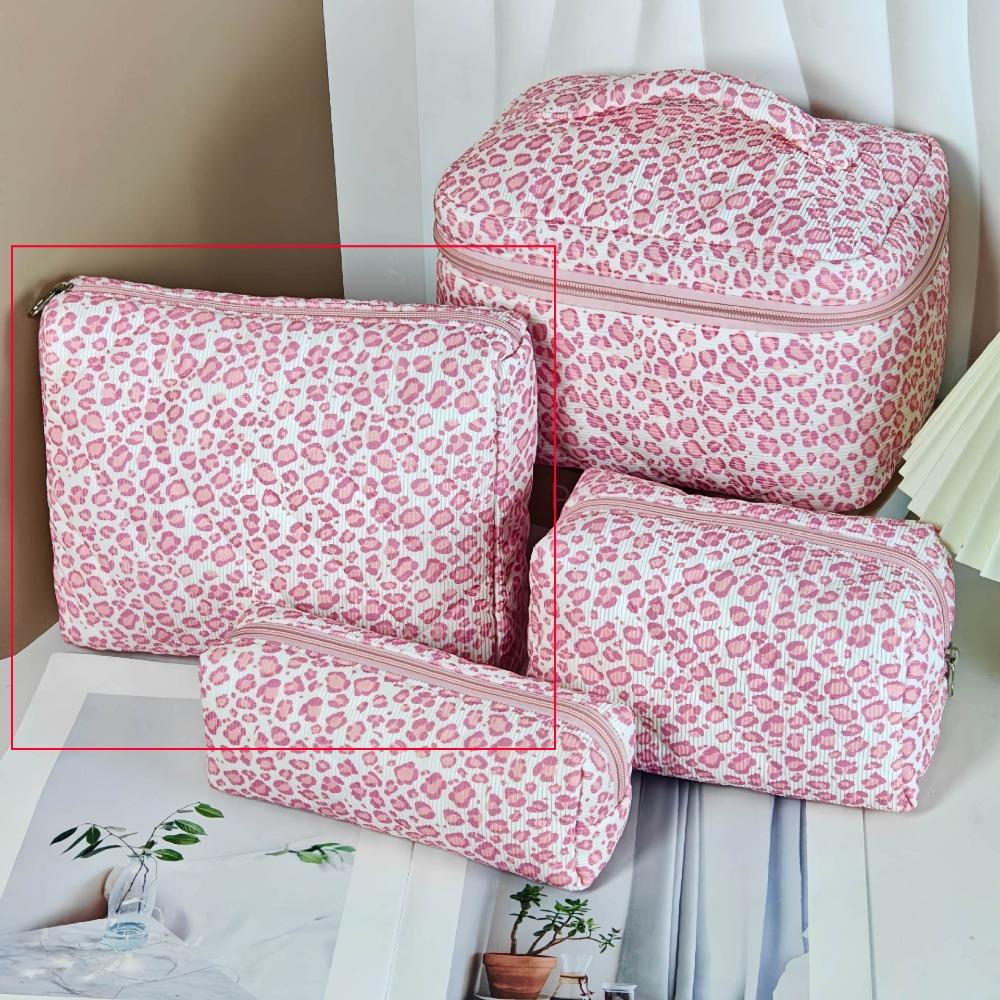 Ins Style Quilted Cotton Handheld Makeup Bag Large Capacity Zipper Closure Toiletry Bag Portable Leopard Print Handbag Gift