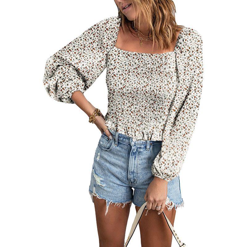 Slim Looking Square Collar Fashion Print Pullover Long Sleeves T-shirt