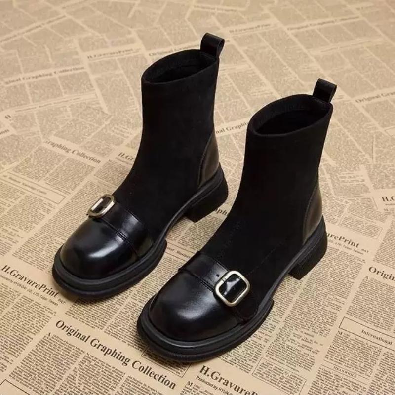 Autumn Women Knit Ankle Boots Fashion Metal Decoration Slimming Short Booties Autumn Winter Thick Heel Shoes