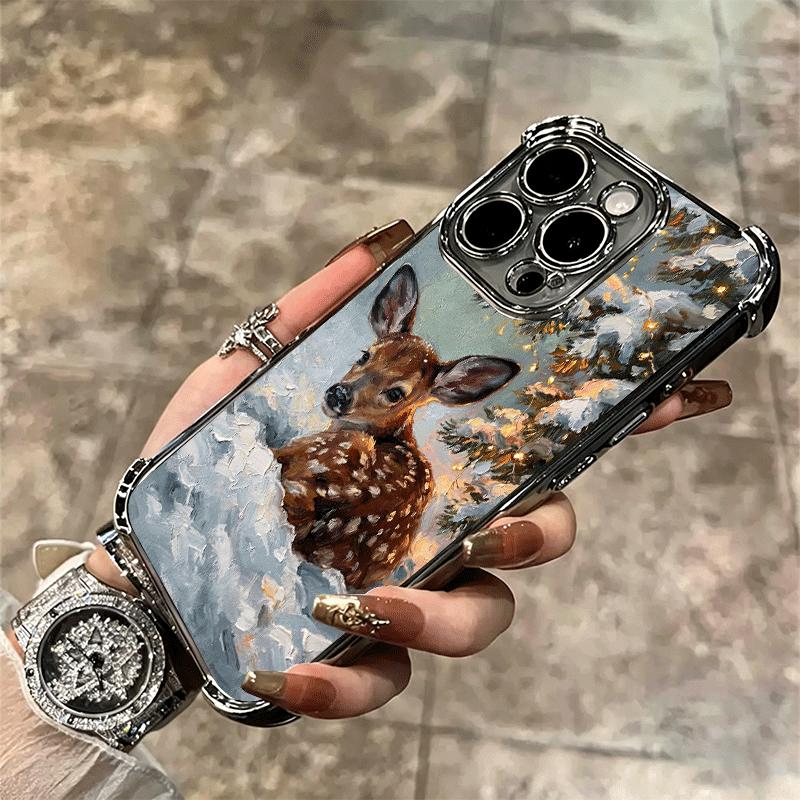 Sika Deer Elk Animal Plating Phone Case For Iphone 16 17 Pro Max Air 16E 14 15 Plus 12 13 Mini Anti-Fall Airabag Cover