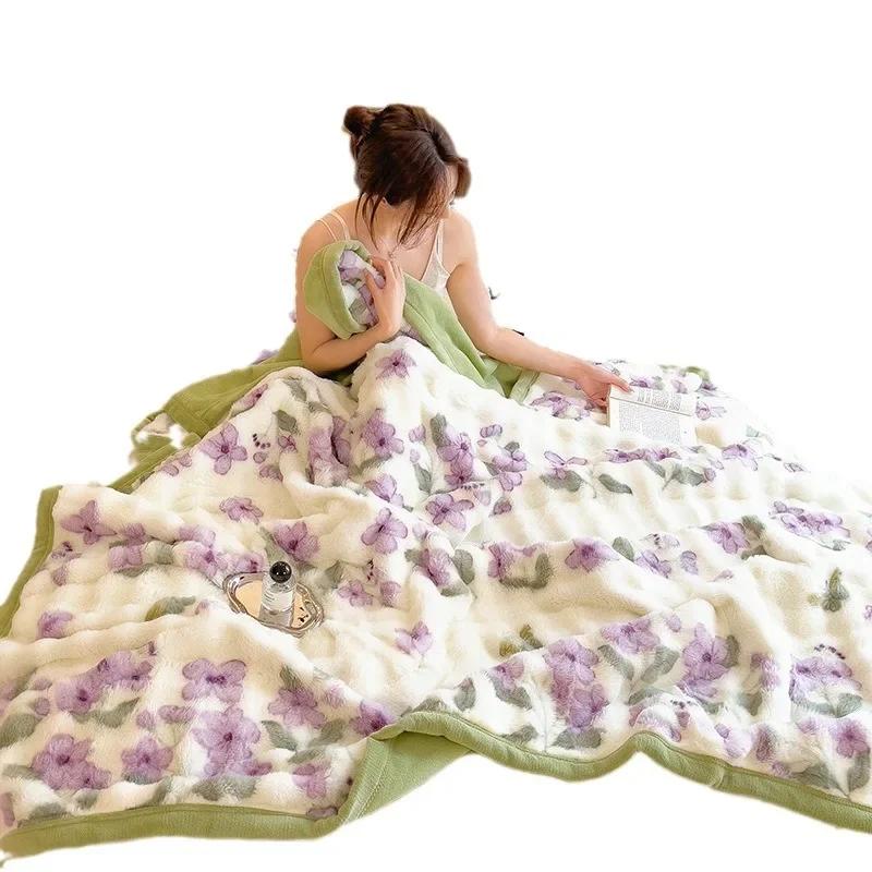 New 600g Big Bubble Rabbit Fur Composite Blanket Milk Fleece Siesta Blanket Double-sided Fleece Sofa Blanket