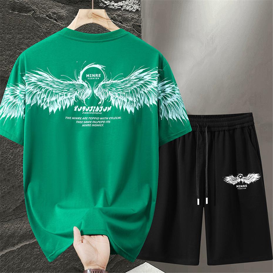 

Summer Tracksuits Men Plus Size 11XL Summer Sets Casual Fashion Wing Print T-shirts Shorts Suits Male Big Size 11XL 11XL зелений