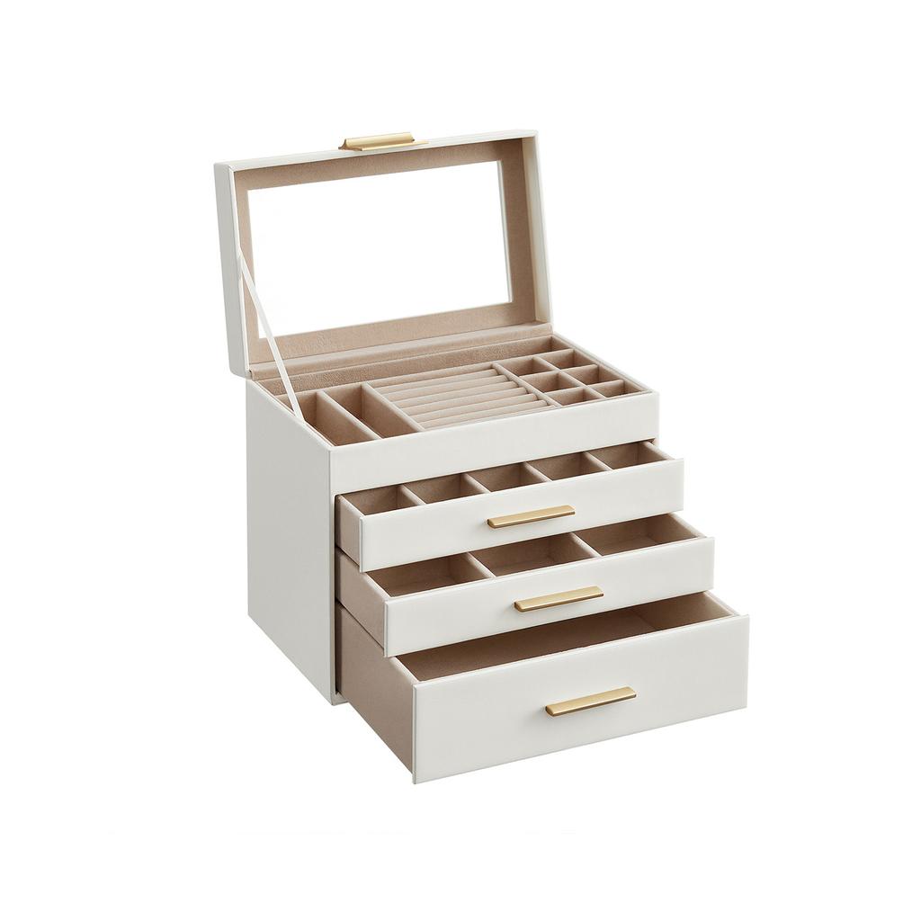 SONGMICS Jewellery Box with Glass Lid, 4-Tier Jewellery Organiser, 3 Drawers, for Sunglasses, Big Jewellery, Jewellery Storage, Modern Style