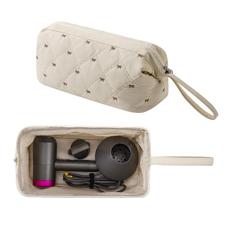 Hair Dryer Storage Bag For Travel Cute Bow Embroidery Quilted Hair Tools Waterproof Zipper Cosmetic Bags