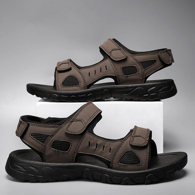 Sommer Neue Herren Ledersandalen Leicht und Bequem Klettverschluss Strandschuhe Retro Extra Groß Outdoor Freizeit Sportsandalen