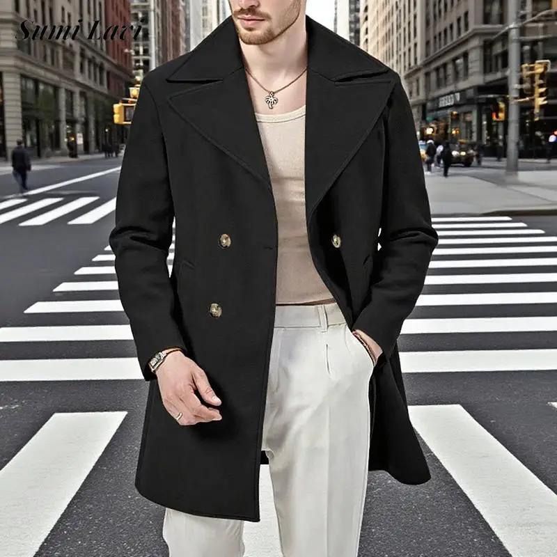 England Style Men's Double-Breasted Coats Autumn Woolen Outerwear Men Vintage Solid Color Turn-Down Collar Long Jacket