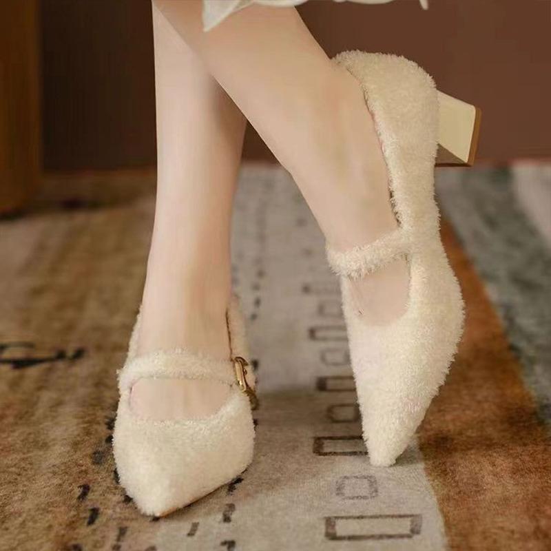 Chunky Fur Shallow Women Shoes Pointed Toe Elegant Mid Heels Shoes 2025 Trend Designer Buckle Pumps Winter Fashion Mujer Zapatos