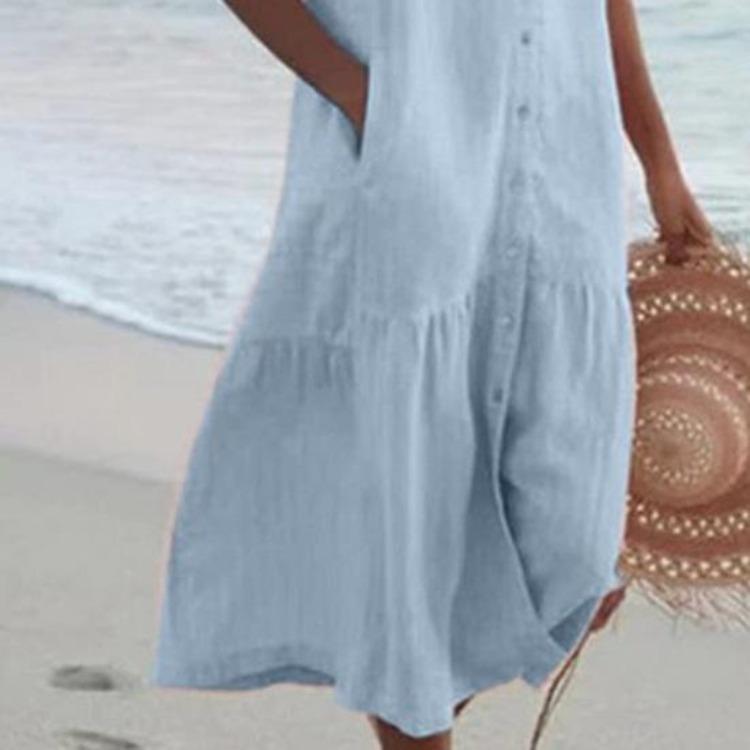 Summer Women Maxi Dress Sleeveless V Neck Button Down Loose Casual