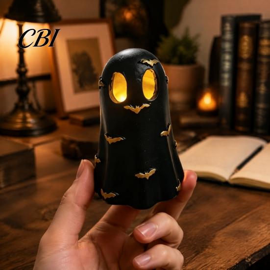 Warm LED Bedside Lamp Halloween Ghost Decoration, Cute Light Up Figurine, Spooky Resin Niche Home Decor Statue with for Shelf Mantel Indoor