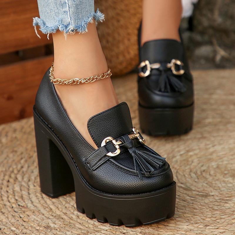 Fashion Fashion Tassel Metal Decor Super High Heels Shoes for Women 2025 New Slip On Chunky Platform Pumps Woman Gold Silver Party Shoes