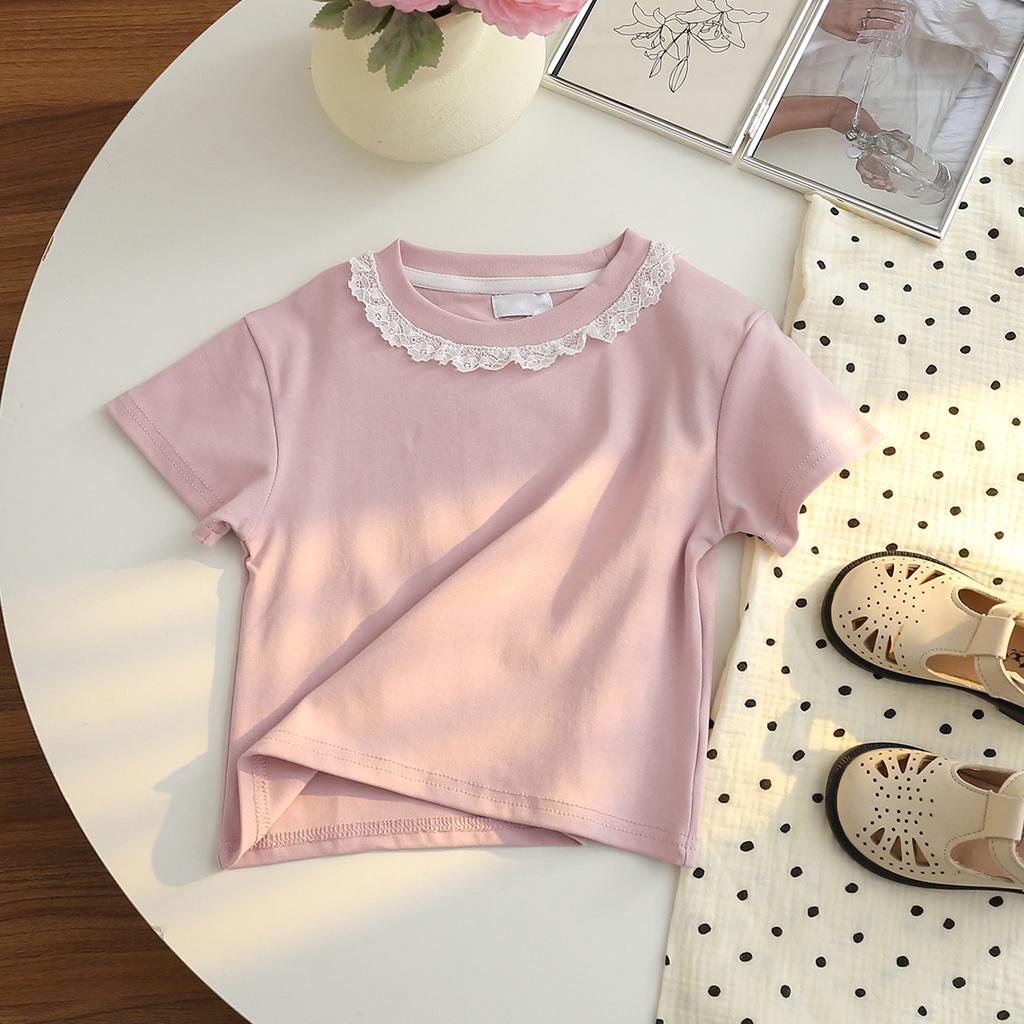 Girls Summer Lace Ruffle Peter Pan Collar Short Sleeve T Shirt Casual Top