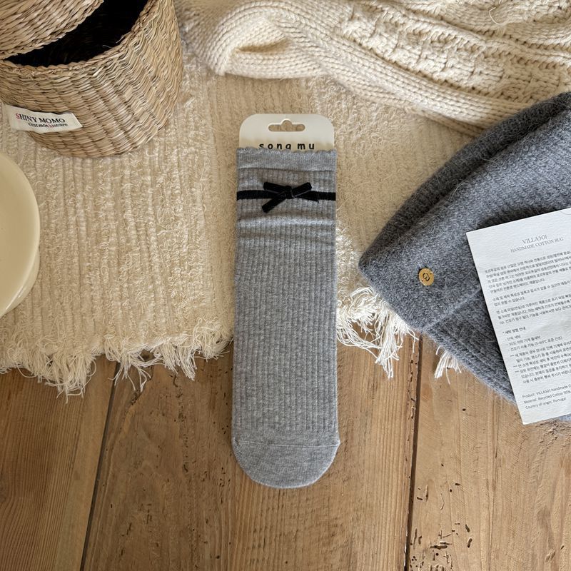 

Женские осенние винтажные носки с цветочным принтом, бантом, без косточек, средней длины 1 pair серый